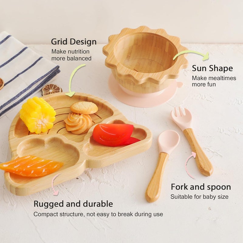 let's make Bamboo Suction Plates Bowls Set for Baby Toddler Divided Platter Food bowl with Silicone Fork & Spoon All-Natural Baby Feeding Set for Baby-Led Weaning, Non-Slip Design - Image 2